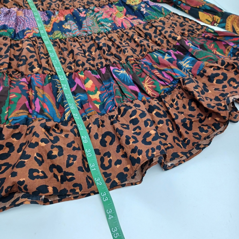 Farm Rio Mixed Black Print Mini Dress Size S Women Cotton Floral Leopard Tiered - Picture 11 of 14